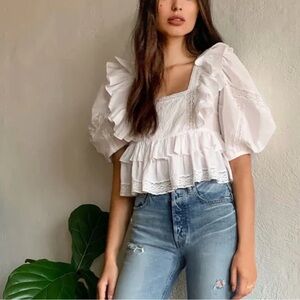 By the River Puff Sleeve Ruffle Crochet Detailing Poplin Cotton Cropped Top